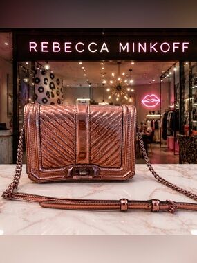 Rebecca Minkoff Chevron Quilted Love Crossbody Metallic Rose Gold Finish GUC